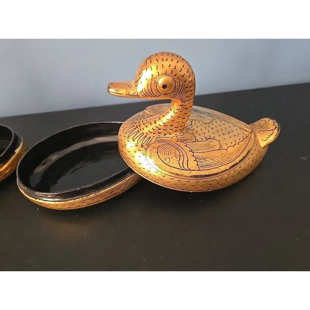 Pair of‎ Burmese Gold Gilt Lacquerware Ducks Trinket Boxes